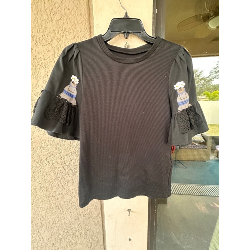 Muveil Black Lace Top with Flower Crown Chicken Print on Sleeve